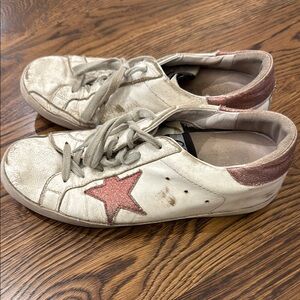 Golden Goose White and Pink Distressed Sneakers